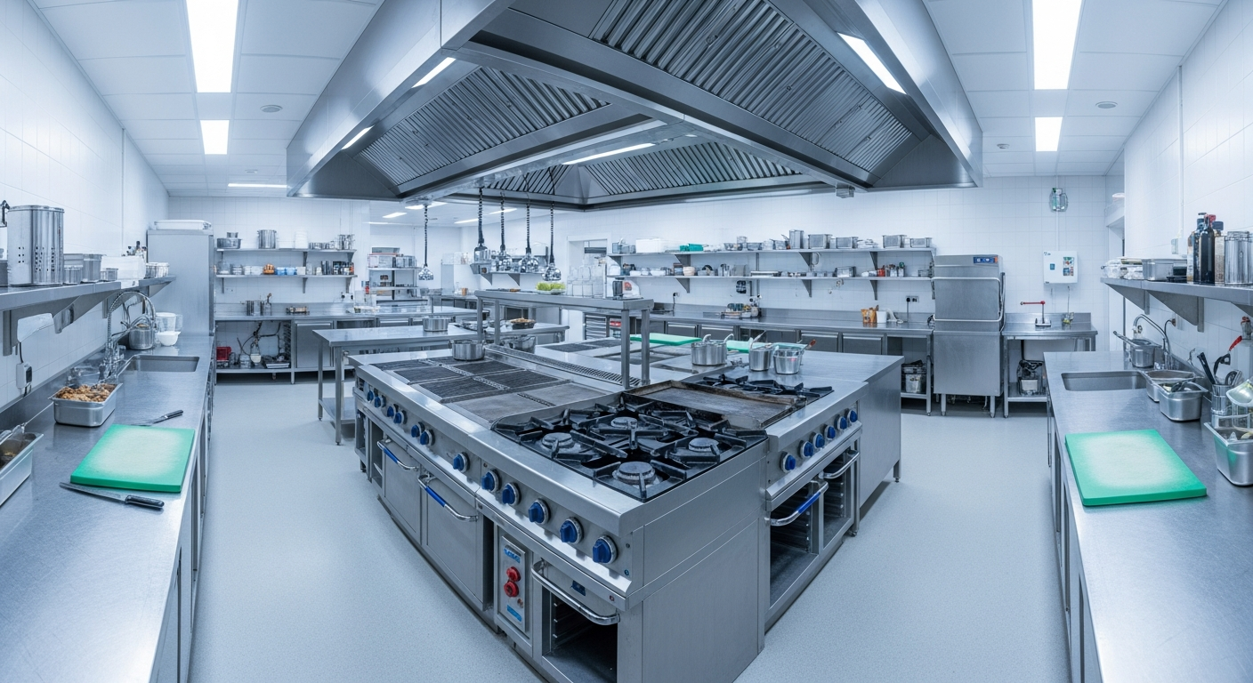 Professional commercial kitchen with stainless steel equipment and prep stations