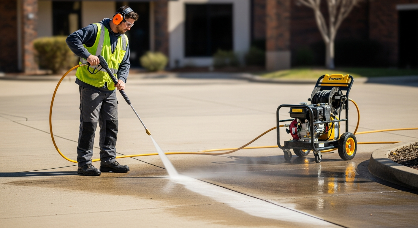 Professional pressure washing a concrete driveway with high-pressure water spray